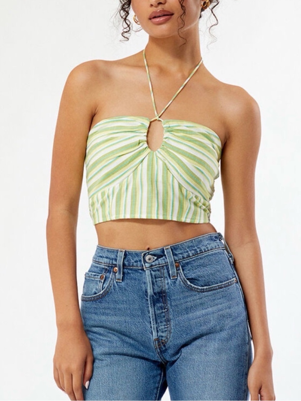 Billabong Green and Cream Striped Halter Keyhole Crop Top
